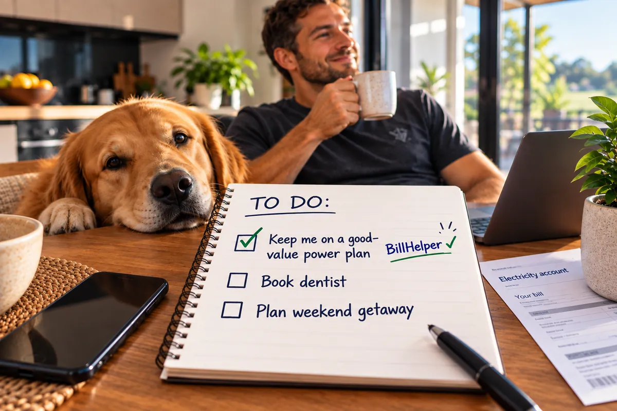 A man at his kitchen table with his dog, his to-do list showing “Keep me on a good-value power plan” ticked off and marked BillHelper.